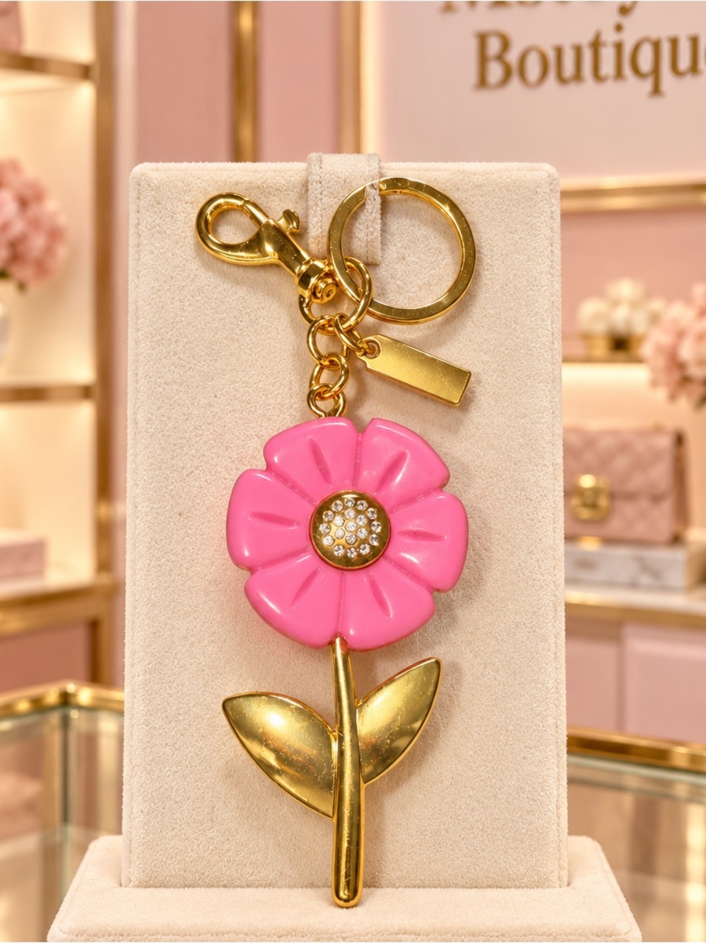 Pink Flower Keychain with Gold Accents